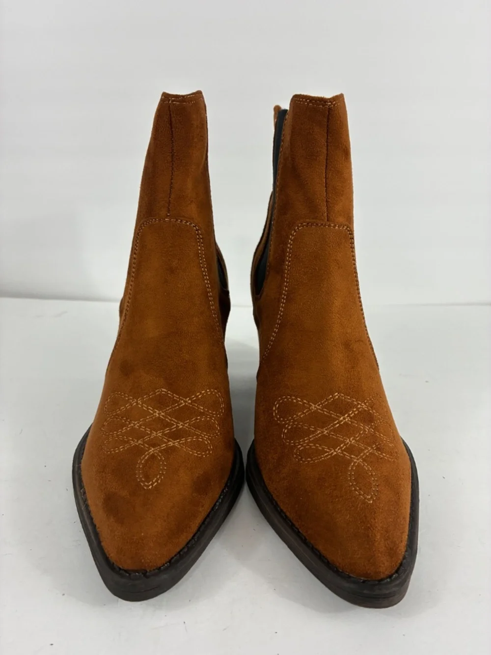 Western Embroidered Suede Boots NEW 4 Chelsea Ankle Block heel Chestnut Brown